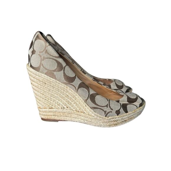 Coach Shoes - Coach Milan Womens Kaki Canvas Signature Logo Wedge Espadrilles Shoes Size 8B